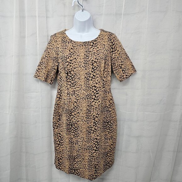 Lands" End Tan Black Animal Print Jersey Fit & Flare Dress Office Preppy 10 - Picture 15 of 15